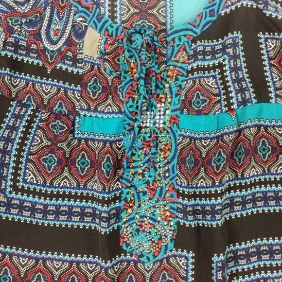 Figueroa & Flower Boho Patchwork Print 3/4 Sleeve Popover Blouse Womens Large - Picture 9 of 15